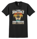 Black t-shirt with disc golf graphic and text on a white background