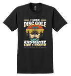 Black t-shirt with disc golf graphic and text on a white background