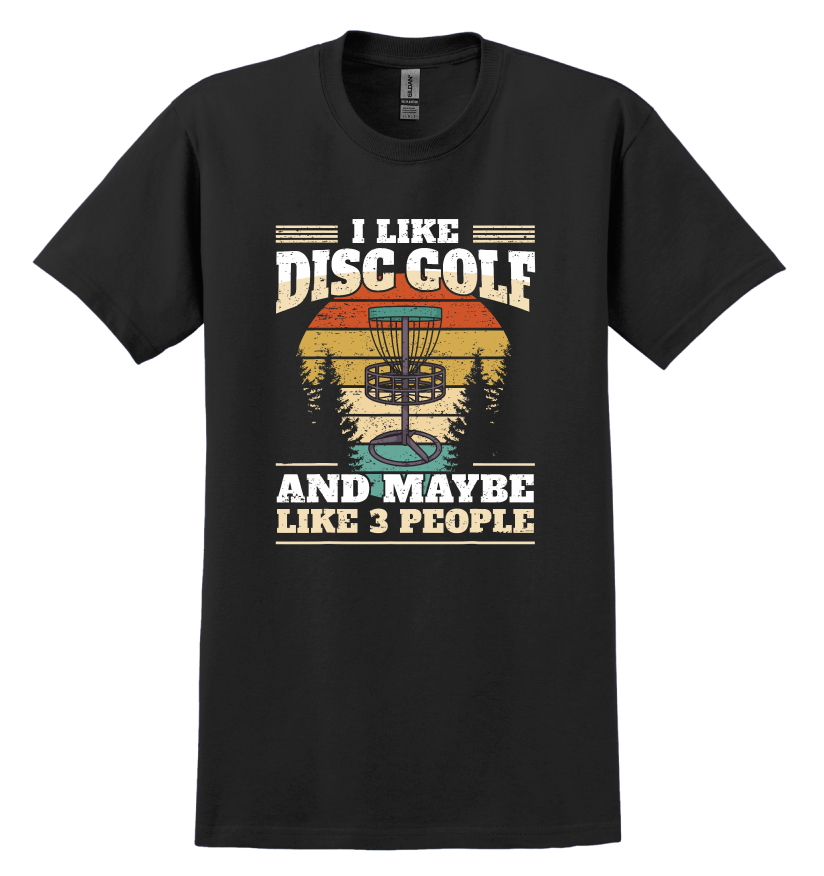 Black t-shirt with disc golf graphic and text on a white background