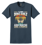 Navy blue t-shirt with disc golf graphic and text on a white background