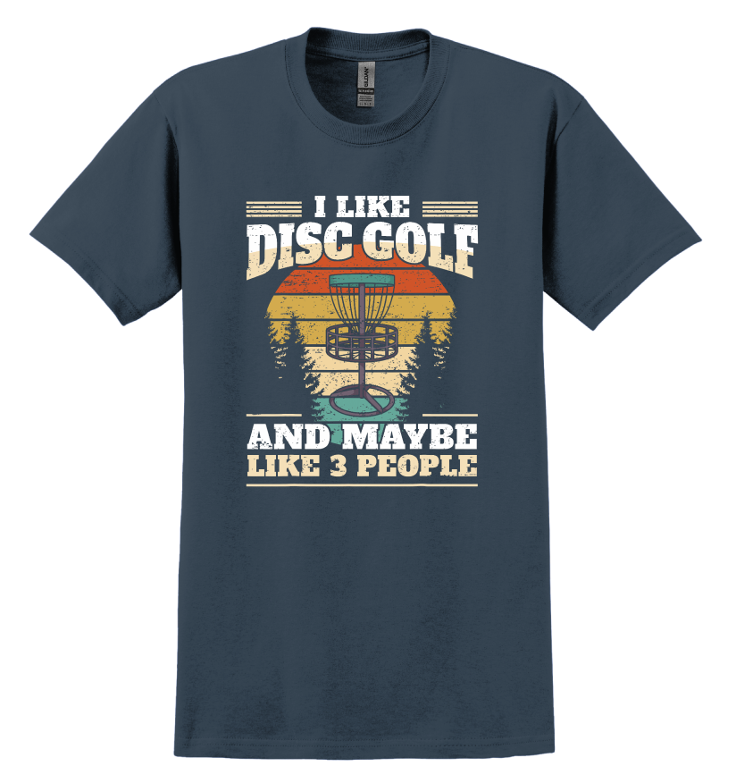 Navy blue t-shirt with disc golf graphic and text on a white background
