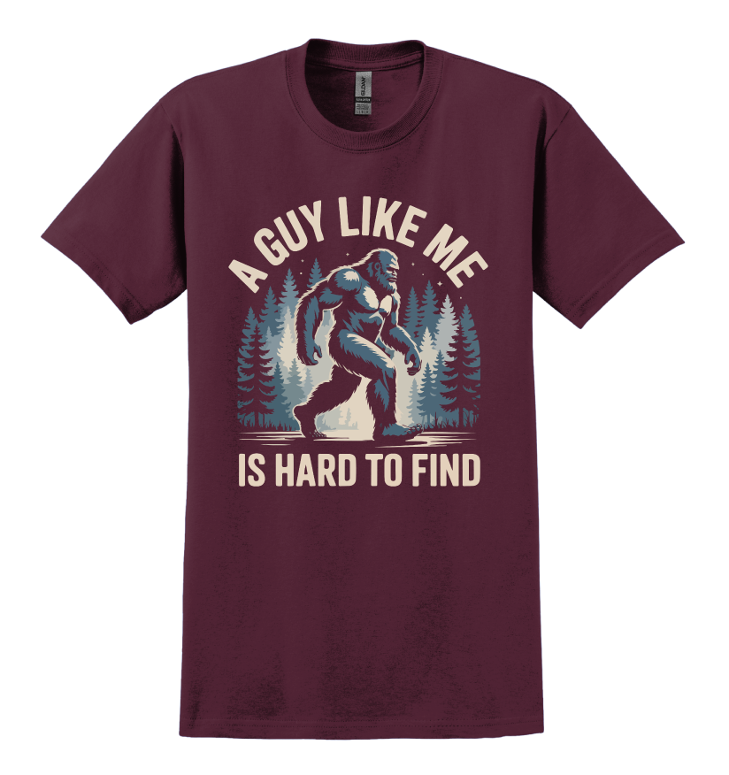 Maroon t-shirt with Sasquatch graphic design