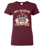 Maroon t-shirt with skeleton design and 'Anti-Valentine Club' text