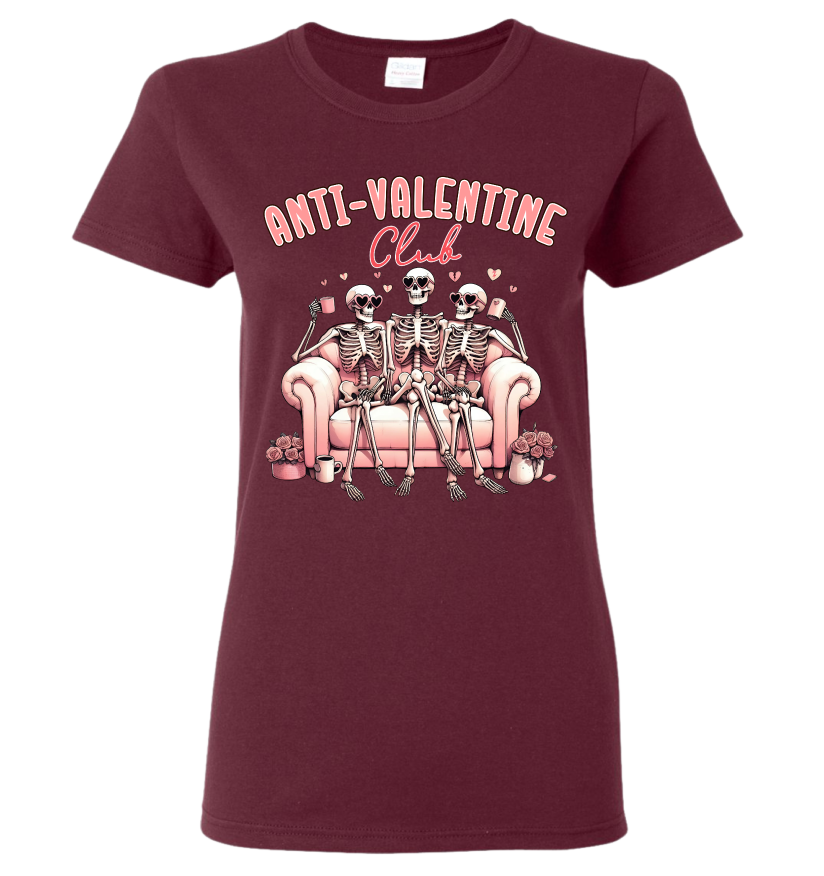 Maroon t-shirt with skeleton design and 'Anti-Valentine Club' text
