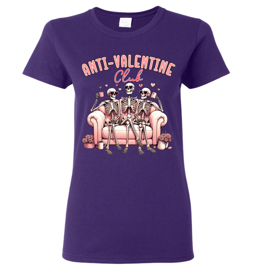 Purple t-shirt with skeleton design and 'Anti-Valentine Club' text