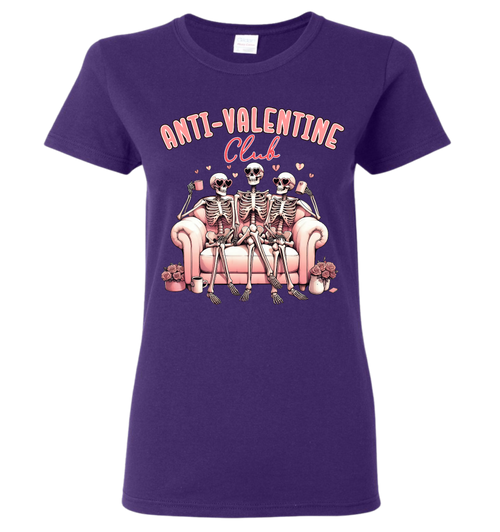 Purple t-shirt with skeleton design and 'Anti-Valentine Club' text