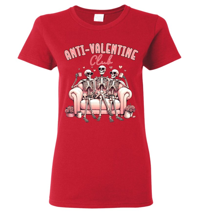 Red t-shirt with skeleton design and 'Anti-Valentine Club' text