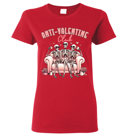 Red t-shirt with skeleton design and 'Anti-Valentine Club' text