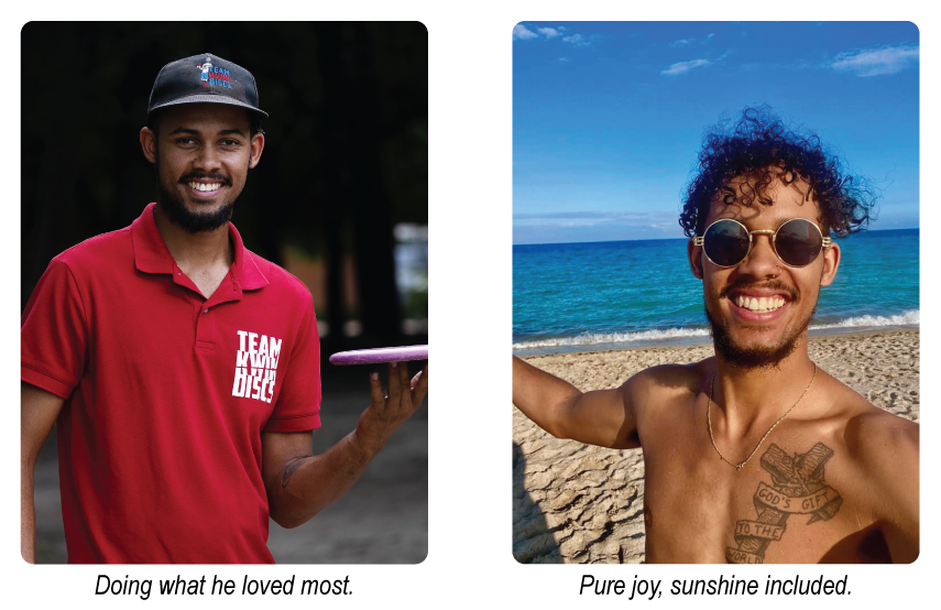 Two pictures of Otis, one with disc golf and another on the beach.