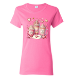 Bright pink t-shirt with Valentine's Day-themed design featuring mugs, hearts, and a letter.