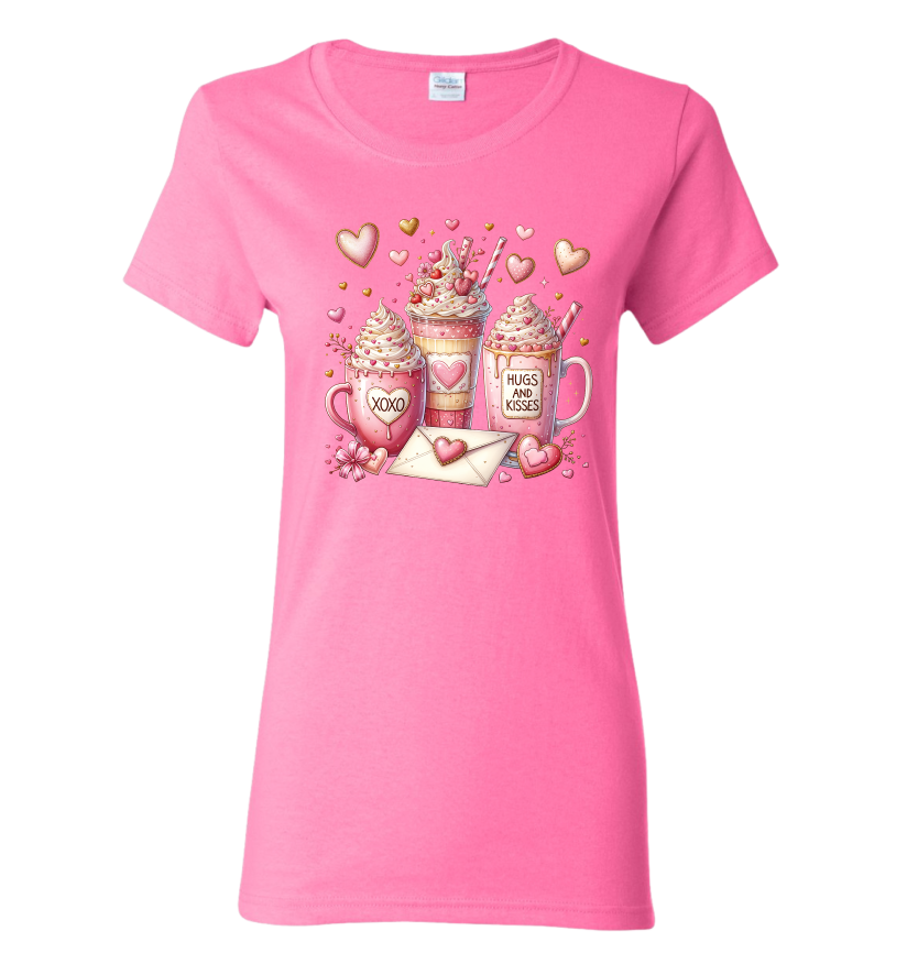 Bright pink t-shirt with Valentine's Day-themed design featuring mugs, hearts, and a letter.