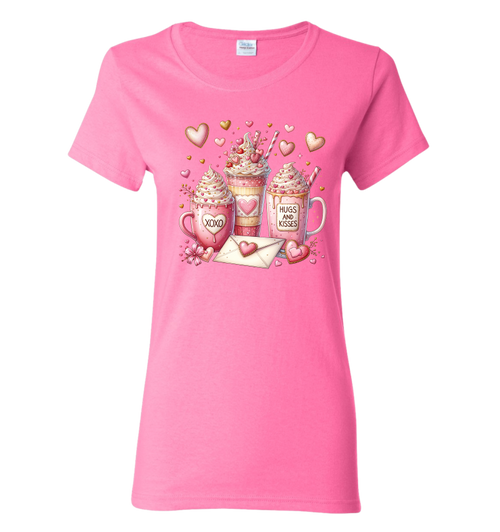 Bright pink t-shirt with Valentine's Day-themed design featuring mugs, hearts, and a letter.