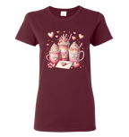 Maroon t-shirt with Valentine's Day-themed design featuring mugs, hearts, and a letter.