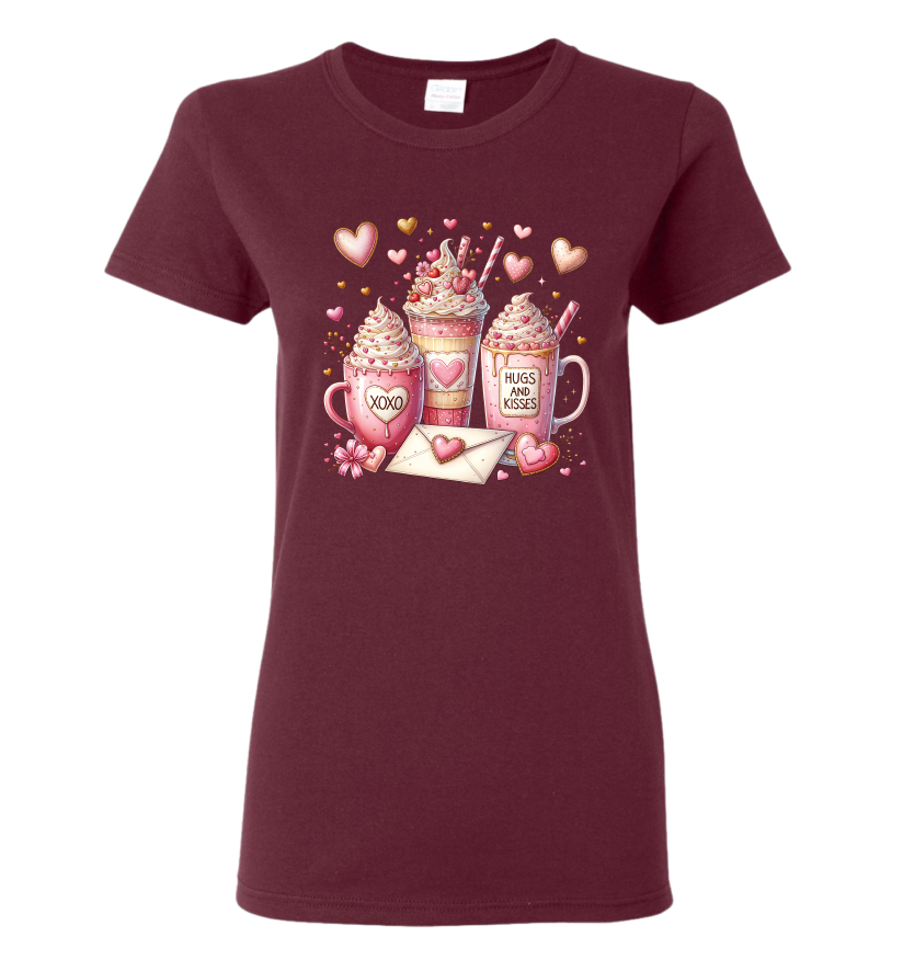 Maroon t-shirt with Valentine's Day-themed design featuring mugs, hearts, and a letter.