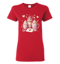 Red  t-shirt with Valentine's Day-themed design featuring mugs, hearts, and a letter.