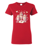 Red  t-shirt with Valentine's Day-themed design featuring mugs, hearts, and a letter.