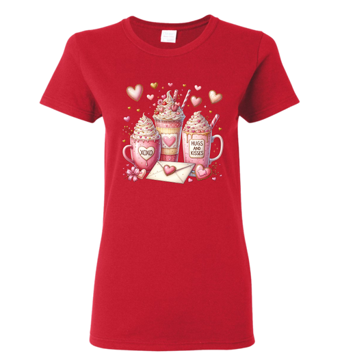Red  t-shirt with Valentine's Day-themed design featuring mugs, hearts, and a letter.