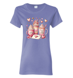 Purple t-shirt with Valentine's Day-themed design featuring mugs, hearts, and a letter.