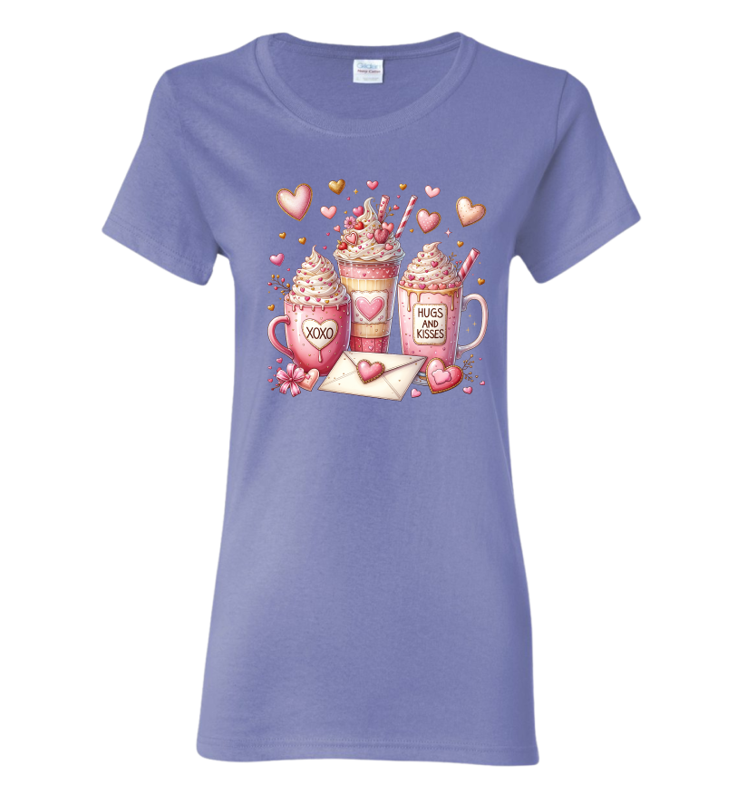 Purple t-shirt with Valentine's Day-themed design featuring mugs, hearts, and a letter.