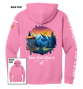 Pink hoodie with disc golf-themed design on the back, featuring mountains and trees, with 'Disc Golf Church' branding.