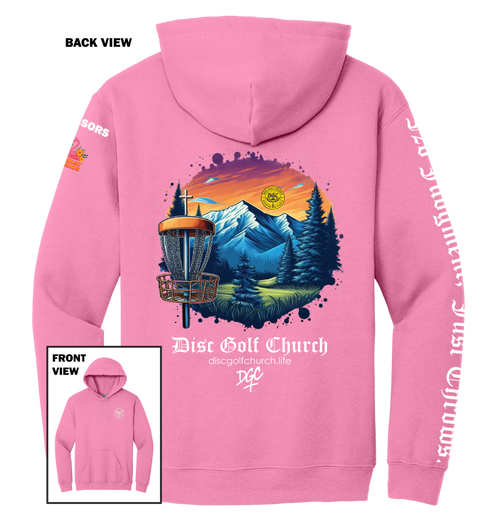 Pink hoodie with disc golf-themed design on the back, featuring mountains and trees, with 'Disc Golf Church' branding.