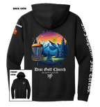 Black hoodie with disc golf-themed design on the back, featuring mountains and trees, with 'Disc Golf Church' branding.