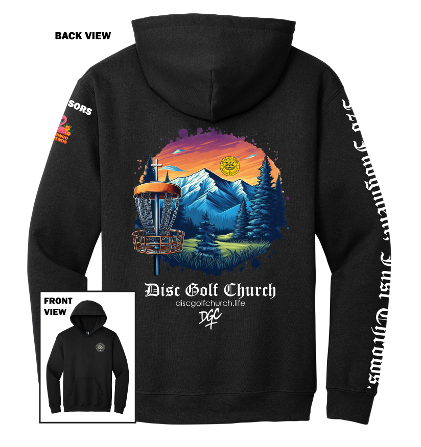 Black hoodie with disc golf-themed design on the back, featuring mountains and trees, with 'Disc Golf Church' branding.