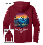 Cardinal red hoodie with disc golf-themed design on the back, featuring mountains and trees, with 'Disc Golf Church' branding.