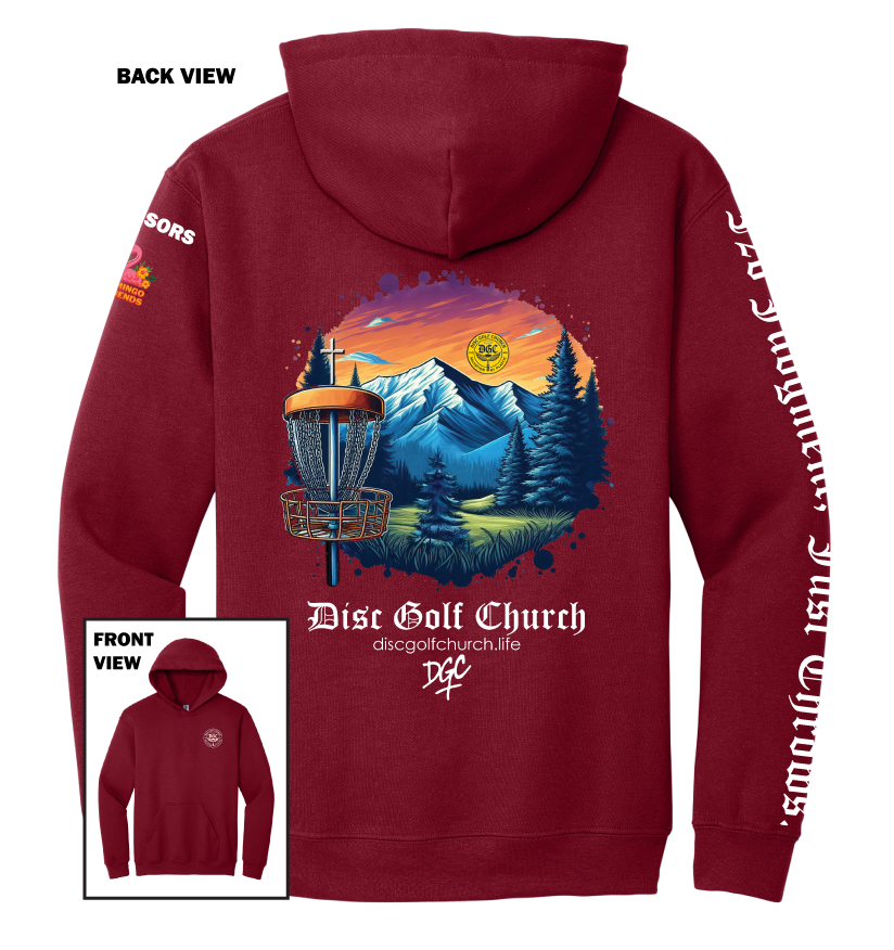 Cardinal red hoodie with disc golf-themed design on the back, featuring mountains and trees, with 'Disc Golf Church' branding.
