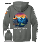 Charcoal grey hoodie with disc golf-themed design on the back, featuring mountains and trees, with 'Disc Golf Church' branding.