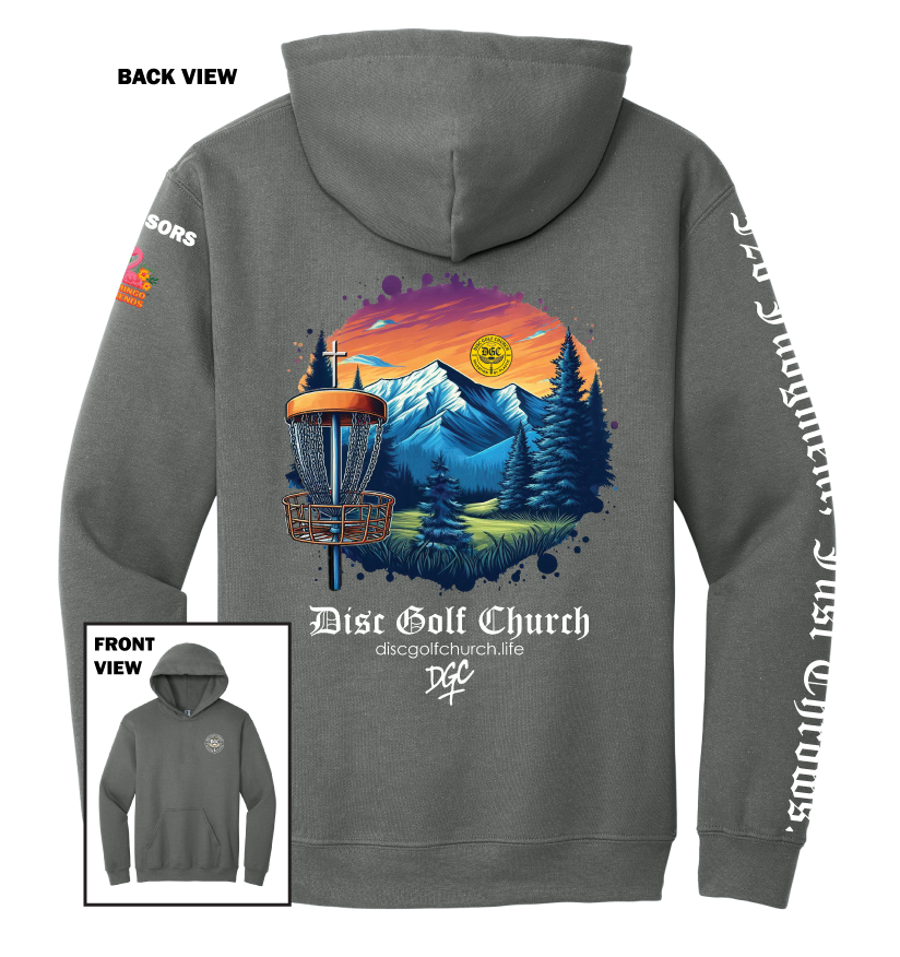 Charcoal grey hoodie with disc golf-themed design on the back, featuring mountains and trees, with 'Disc Golf Church' branding.
