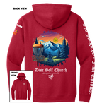 Cherry red hoodie with disc golf-themed design on the back, featuring mountains and trees, with 'Disc Golf Church' branding.