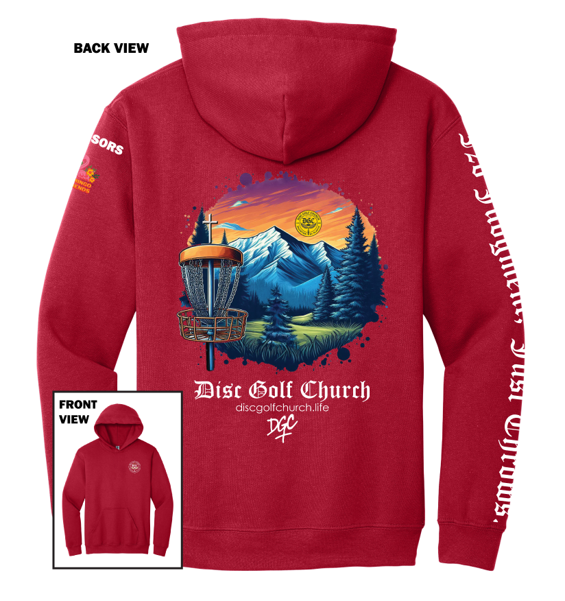 Cherry red hoodie with disc golf-themed design on the back, featuring mountains and trees, with 'Disc Golf Church' branding.