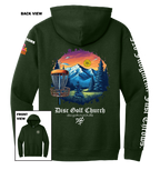 Forest green hoodie with disc golf-themed design on the back, featuring mountains and trees, with 'Disc Golf Church' branding.
