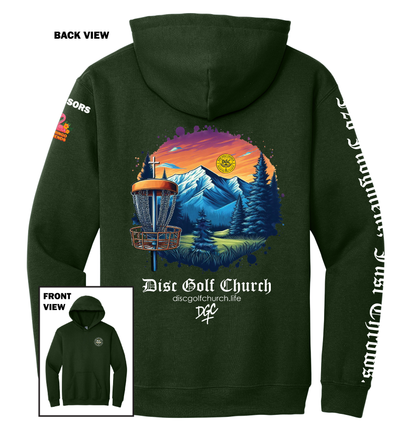 Forest green hoodie with disc golf-themed design on the back, featuring mountains and trees, with 'Disc Golf Church' branding.