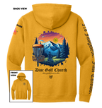 Gold hoodie with disc golf-themed design on the back, featuring mountains and trees, with 'Disc Golf Church' branding.