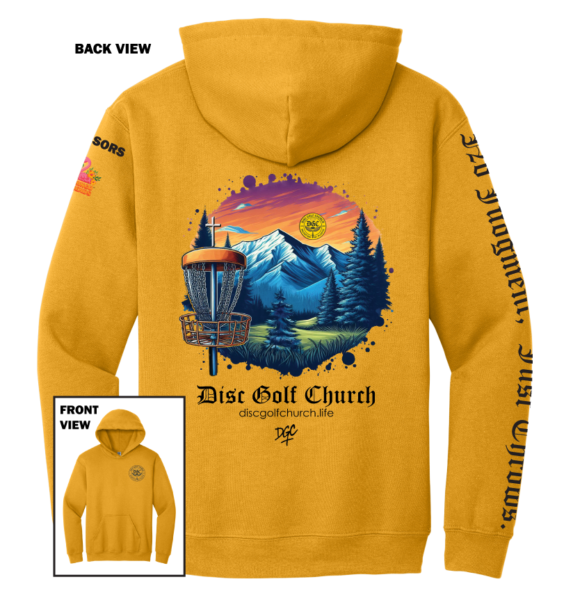 Gold hoodie with disc golf-themed design on the back, featuring mountains and trees, with 'Disc Golf Church' branding.