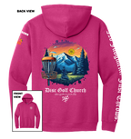 Hot pink hoodie with disc golf-themed design on the back, featuring mountains and trees, with 'Disc Golf Church' branding.