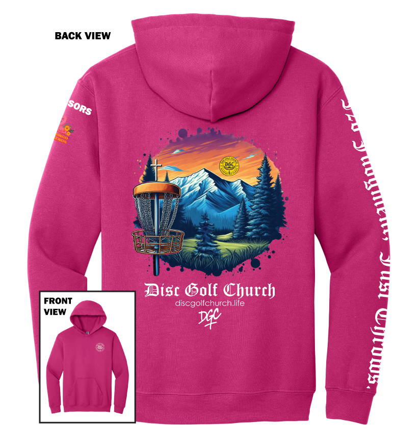 Hot pink hoodie with disc golf-themed design on the back, featuring mountains and trees, with 'Disc Golf Church' branding.
