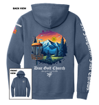 Indigo blue hoodie with disc golf-themed design on the back, featuring mountains and trees, with 'Disc Golf Church' branding.