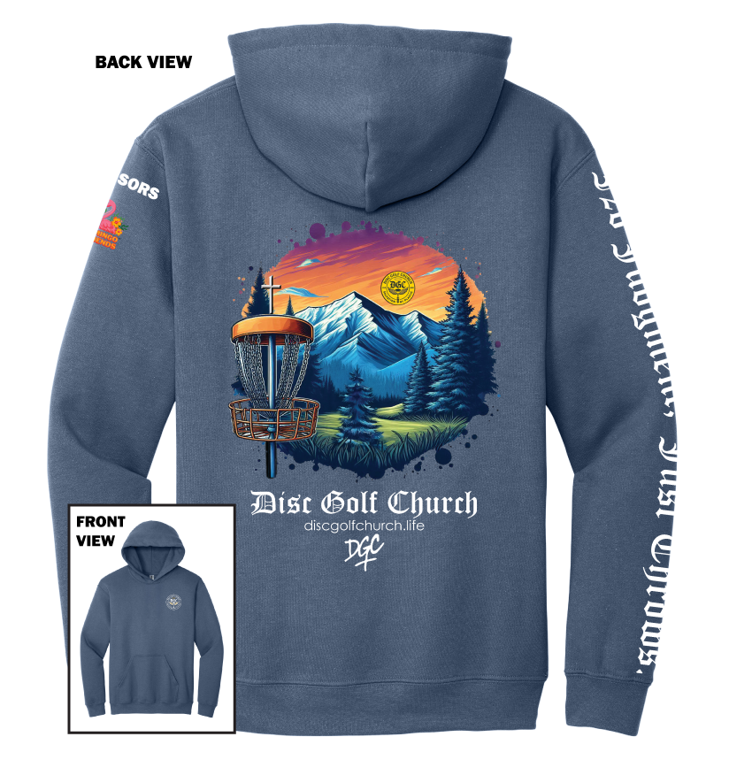 Indigo blue hoodie with disc golf-themed design on the back, featuring mountains and trees, with 'Disc Golf Church' branding.