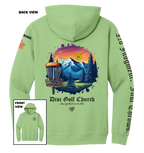 Kiwi green hoodie with disc golf-themed design on the back, featuring mountains and trees, with 'Disc Golf Church' branding.