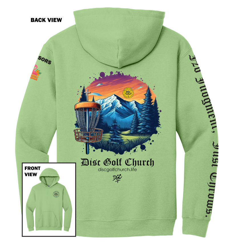 Kiwi green hoodie with disc golf-themed design on the back, featuring mountains and trees, with 'Disc Golf Church' branding.