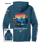 Legion blue hoodie with disc golf-themed design on the back, featuring mountains and trees, with 'Disc Golf Church' branding.