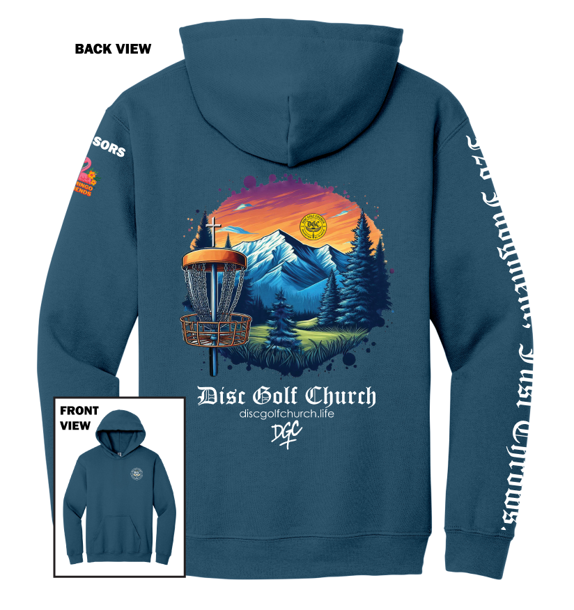 Legion blue hoodie with disc golf-themed design on the back, featuring mountains and trees, with 'Disc Golf Church' branding.