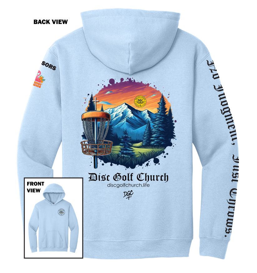 Light blue hoodie with disc golf-themed design on the back, featuring mountains and trees, with 'Disc Golf Church' branding.