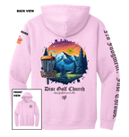 Light pink hoodie with disc golf-themed design on the back, featuring mountains and trees, with 'Disc Golf Church' branding.