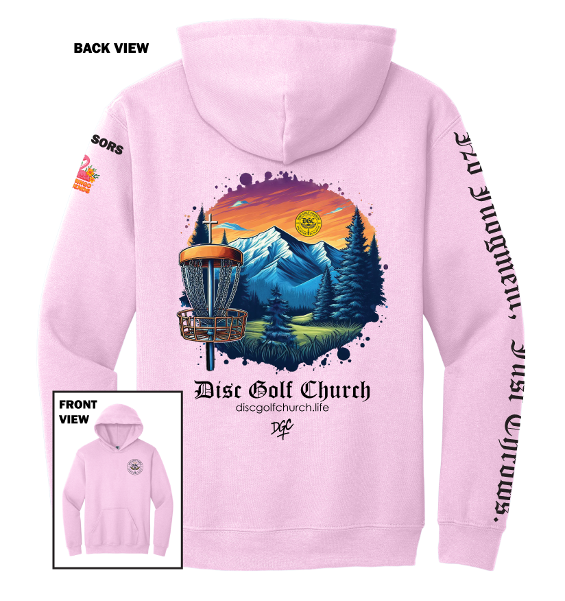 Light pink hoodie with disc golf-themed design on the back, featuring mountains and trees, with 'Disc Golf Church' branding.