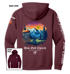 Maroon hoodie with disc golf-themed design on the back, featuring mountains and trees, with 'Disc Golf Church' branding.