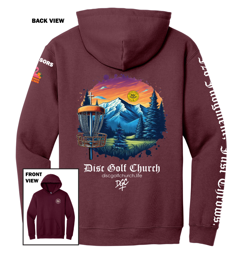 Maroon hoodie with disc golf-themed design on the back, featuring mountains and trees, with 'Disc Golf Church' branding.
